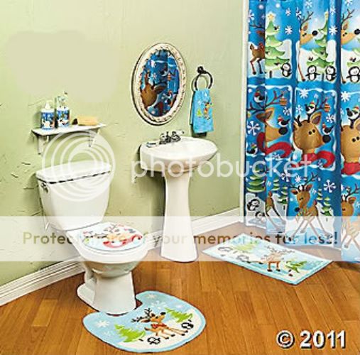 Reindeer Penguin Snow Flake Bath Shower Curtain Towel Rug Pump Christmas Tree